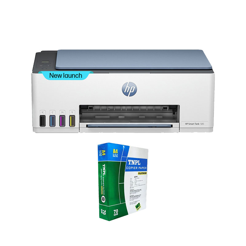 Picture of HP Smart Tank 585 All-in-One Multi-function WiFi Color Inkjet Printer  (Grey White, Ink Bottle) + A4 Sheet Bundle